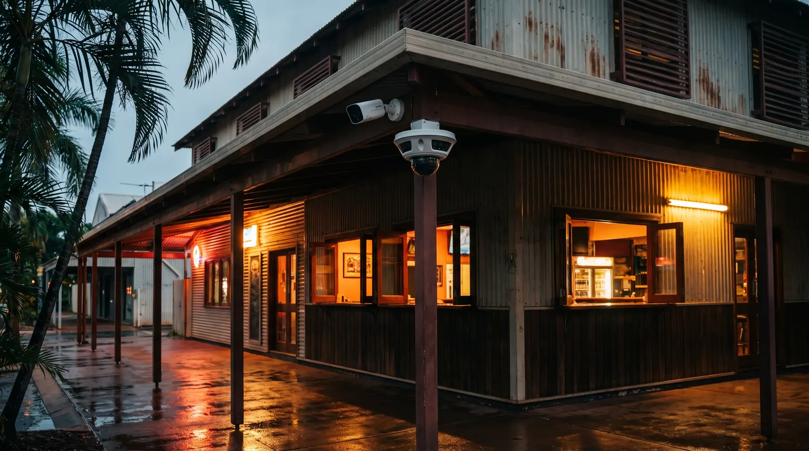 Panoramic and bullet security cameras mounted under the awning of a Darwin pub at dusk