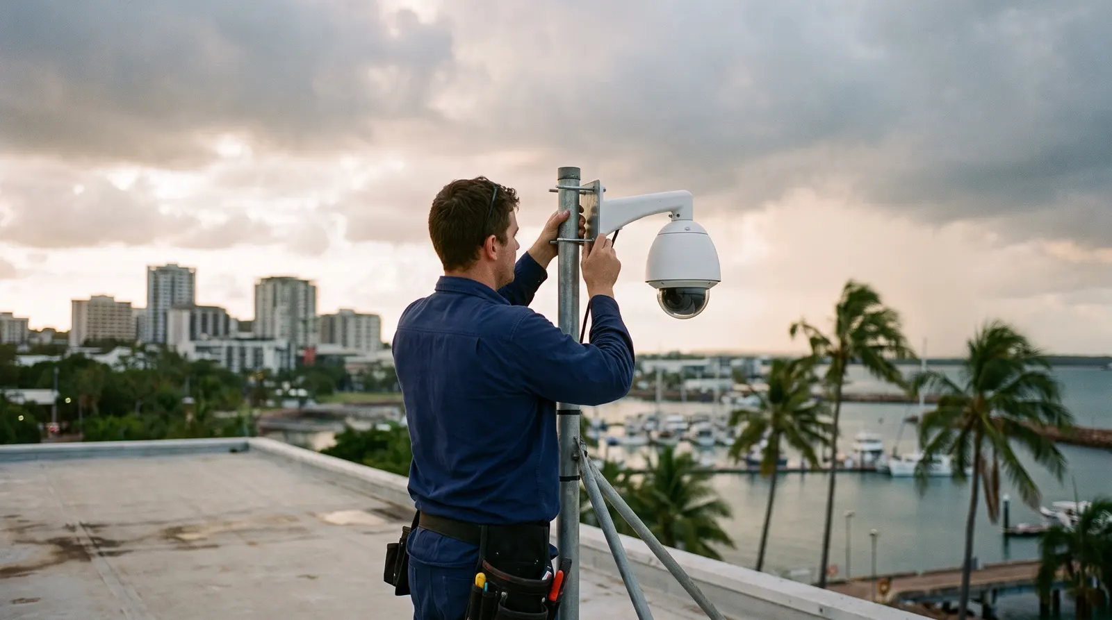 A technician on a tiled roof aligning a digital television antenna
