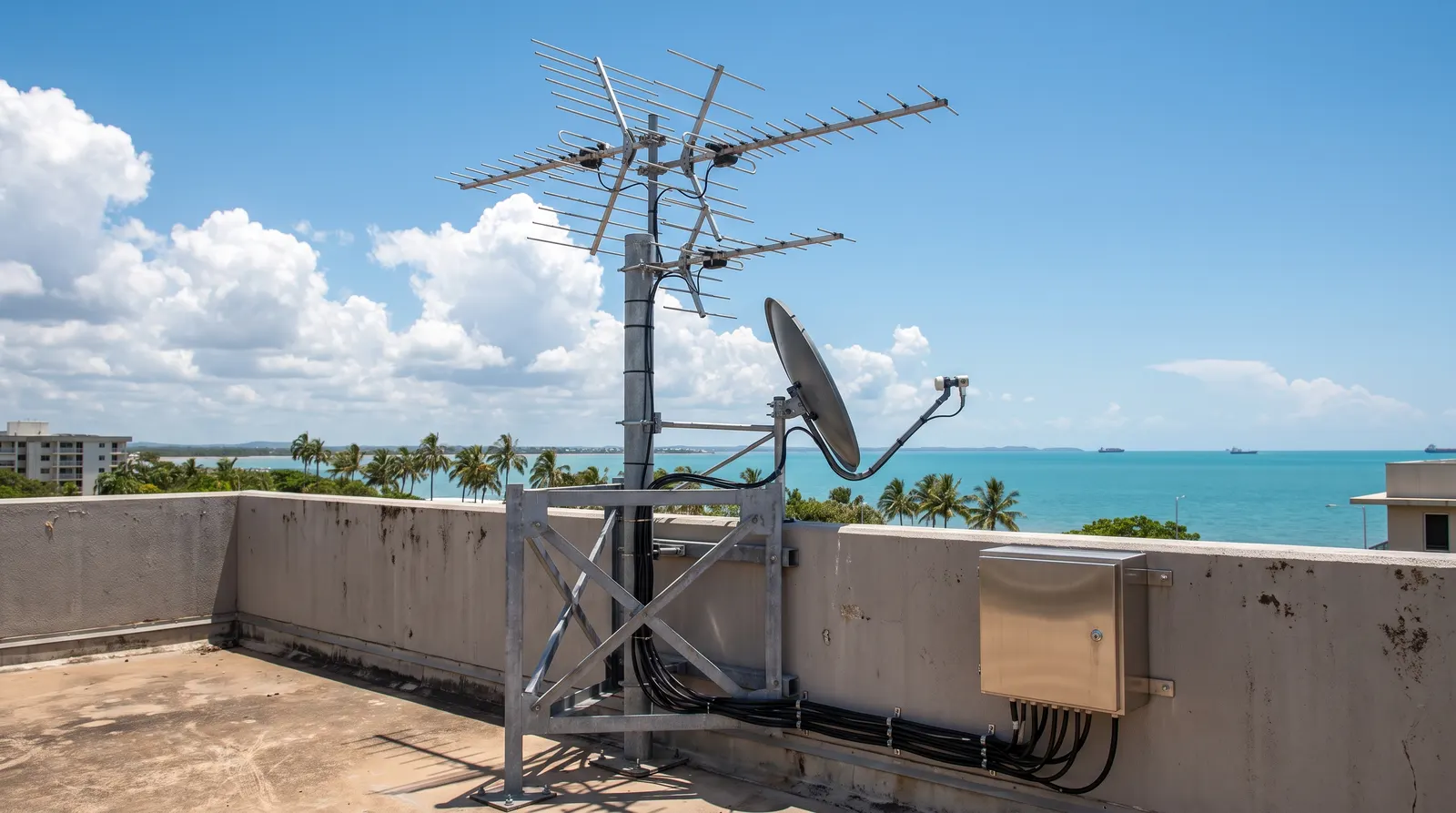 Rooftop antenna array and satellite dish on a multi-storey building against a tropical sky