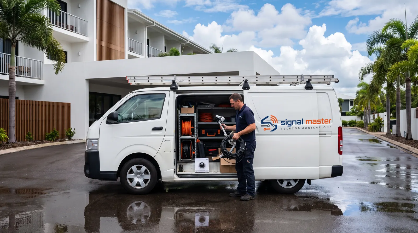 A service vehicle parked outside a Darwin accommodation building with antenna equipment on the roof